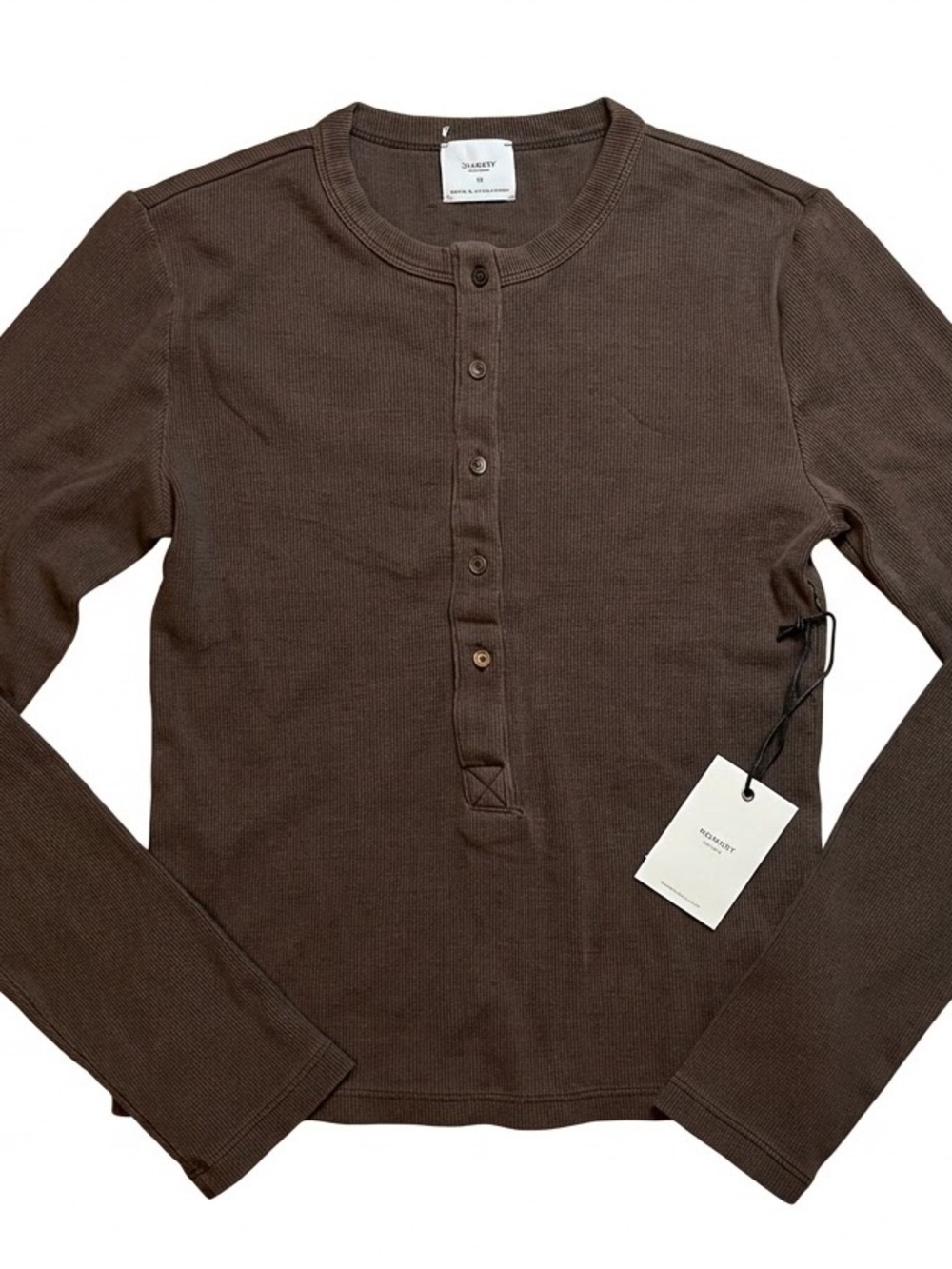 Academy Women Brown Ribbed Henley Long Sleeve Shirt NWT